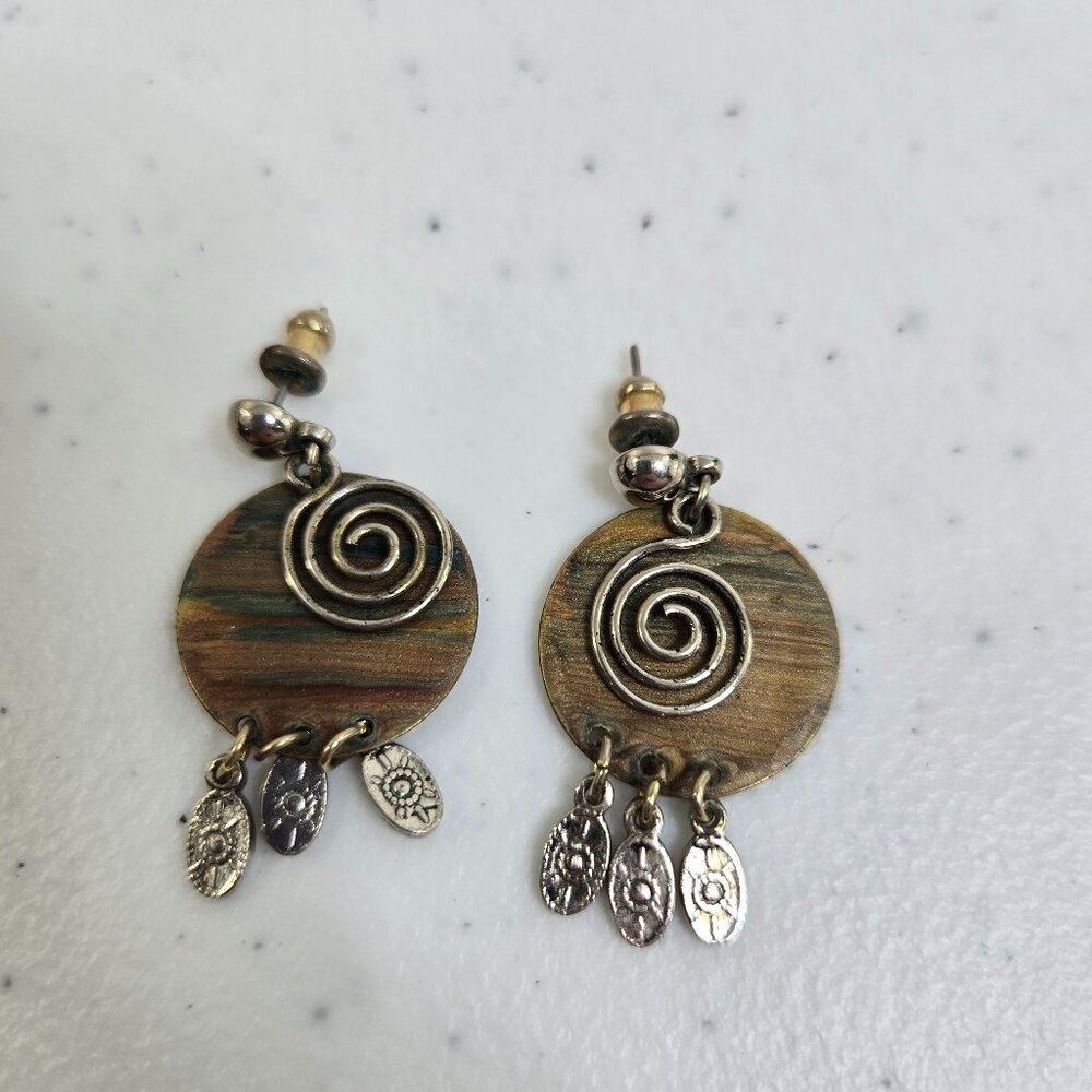 Swirl Earrings Brown Silver Tone Dangle Charm Pierced Stripe Brutalist Boho